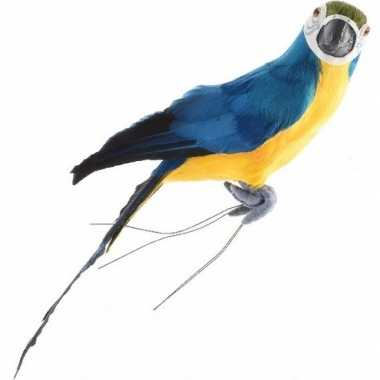 Dierenbeeld blauwe ara papegaai vogel 34 cm decoratie met veren