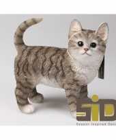 Dierenbeeld kat poes tabby grijs staand 20 cm